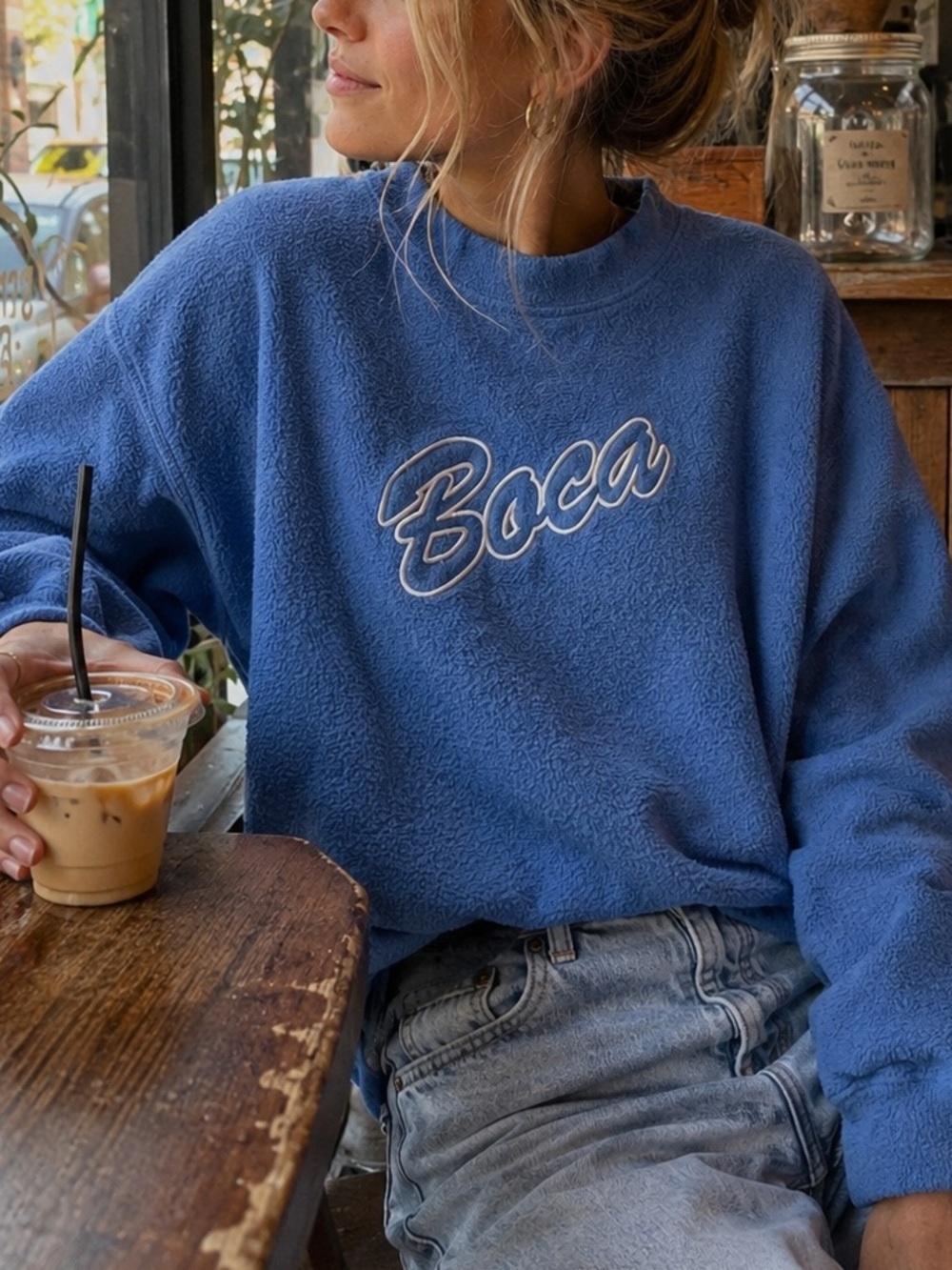 Vintage Boca Blue Fleece Sweatshirt Crewneck Pullover Medium 90s Y2K